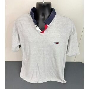Tommy Jeans Men's Logo Short Sleeve Cotton Polo Shirt Gray Sz Large Preppy FLAW